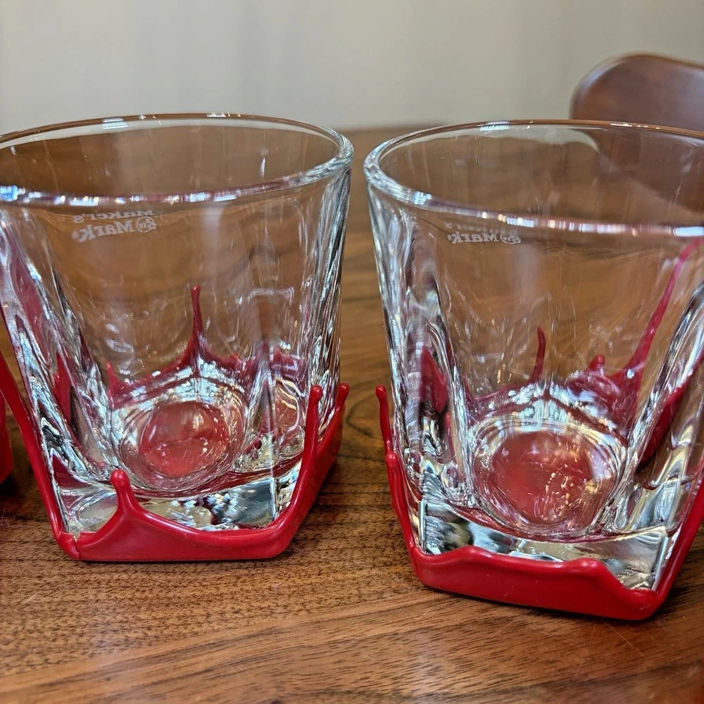 5 Maker's Mark Etched Dipped Red Wax Lowball Glasses Whiskey Barware